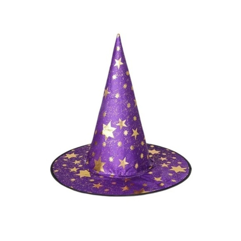 Purple and Gold Star Halloween witch Hats for costume accessories bundle of 8